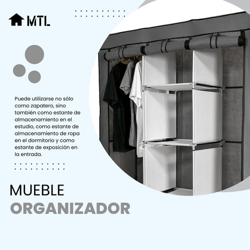 ARMARIO PORTATIL ORGANIZADOR De ROPA PLEGABLE MTL Color Gris Con ESTANTES POLIESTER ANTIHUMEDAD FACIL ARMADO RESISTENTE GUARDARROPA CLOSET PERCHERO HOGAR