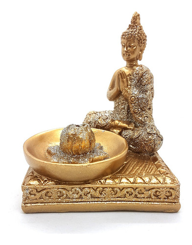 Incensário Vareta Buda Dourado Brilhante Meditando 7 Cm