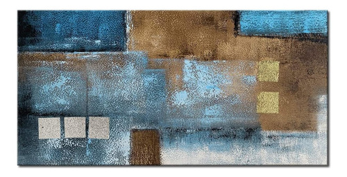 Gran Arte De Pared Abstracto Azul Dorado Gris Pintado A...