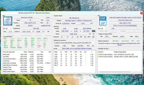 Acer Aspire A315-53 15' Core I3-8th, 8ram, 1tb + 128gb Ssd (Usado)