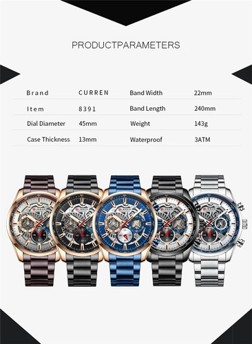Reloj De Cuarzo Curren 8391 Con Correa De Acero Para Hombre