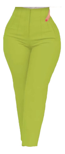 Pantalón Tiro Alto De Vestir Verde Tela Crepé 