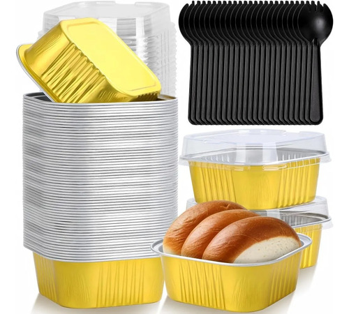 BANNA 50 Molde Para Tarta De Aluminio Desechable Con Tapa+cuchara,5 oz Mini Moldes para Tartas, Moldes Cuadrados de Foil para Tartas de Bodas, Fiestas y Cumpleaños, 9*9*3.5cm,Dorado