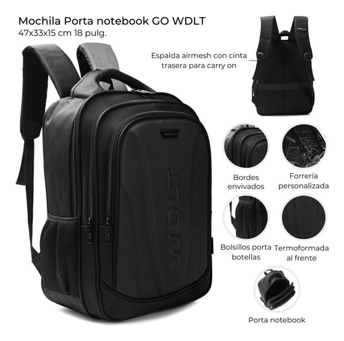 Mochila Porta Notebook Wanderlust Espalda Rígida Carry On Negro Liso