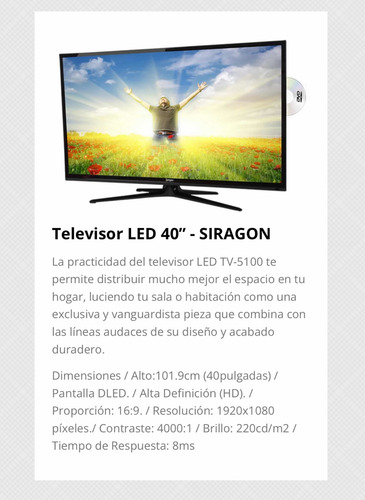 Imagen 5 de 5 de Venta De Televisor Siragon De 40 Pulgadas