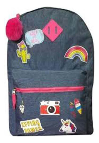 Mochila Jeans Patches Good Vibes  Pompom 01822