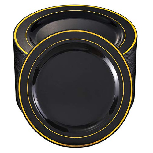 100pieces Black Plastic Plates With Gold Rim10.25 Inch ...