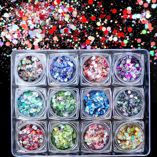 Addfavor 12 Colores Holographic Nail Glitter Mixed Hexagon S