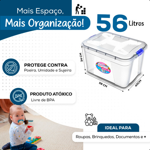 Kit 6 Caixas 56l Organizadora Multiuso Com Tampa Trava