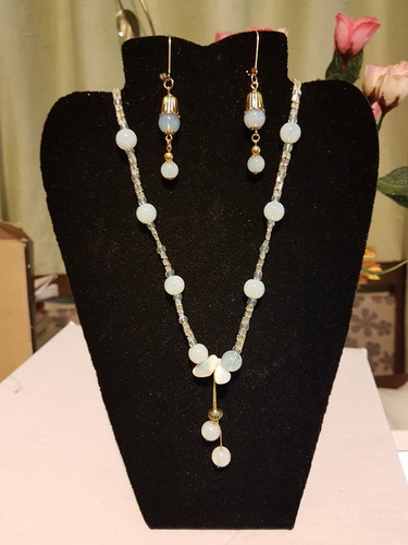 Conjunto Brincos E Colar Pedras Opalina E Cristais