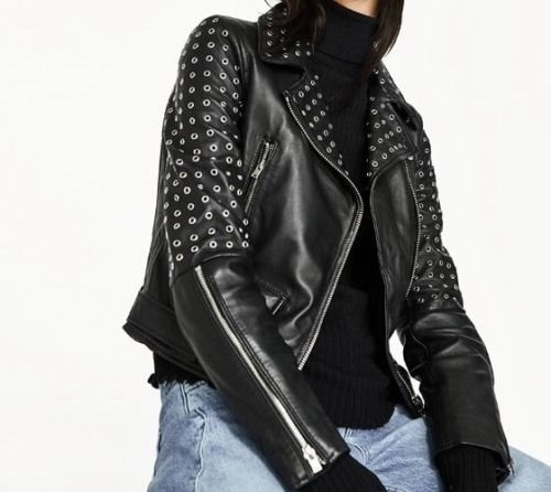 Jaqueta Preta Couro Legitimo De Cordeiro Ilhós Biker Zara | Mercado Livre