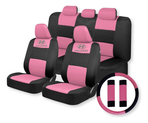 Funda Tela Negro Rosa Hyundai+ Cubre Volante Y Cinturones