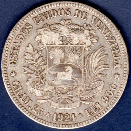 Moneda De 5 Bolívares De 1921 Fuerte De Plata