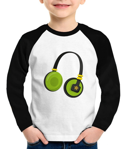 Camiseta Raglan Infantil Headphone Verde Longa