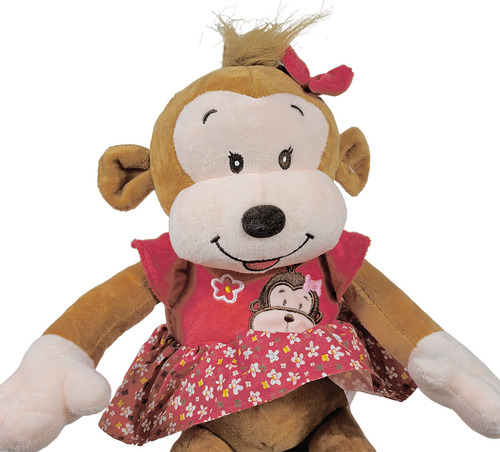 Macaco Sorrindo Pelúcia Com Roupinha 38cms - Roupa Vermelha