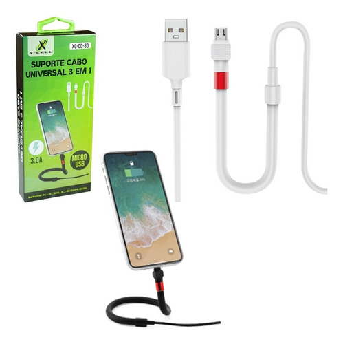 Cabo Suporte Carregador Mini Usb V8 3.0a Celular Cor Preto