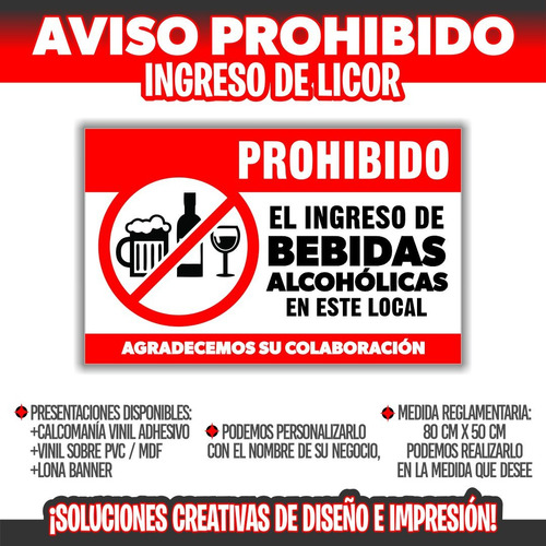 Aviso Cartel Prohibido Ingreso De Bebidas / Diseño Impresión