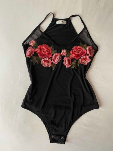 Body Negro De Tull Con Bordado De Flores Mujer Nuevo