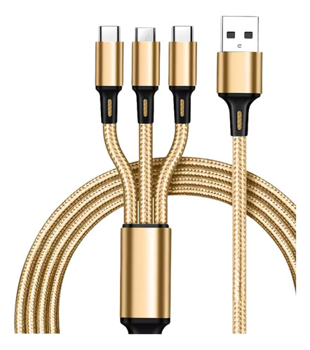 Cable Cargador 3 En 1 Usb Forrado Color Oro Tipo V8 