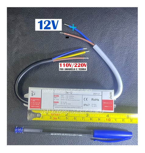 Imagem 2 de 3 de Fonte Blindada Prova D'água Fita Led 12v 36w 3a Ip67 Bivolt