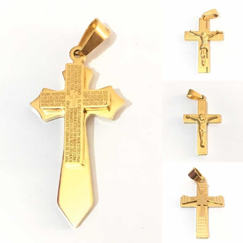 Dije Cristo Cruz Padre Nuestro Grabado Acero Enchape Oro 18k