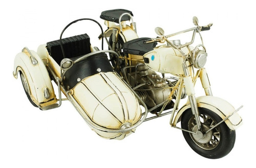 Motocicleta Branca Com Sidecar Decorativa Vintage 18x25x35cm Cor Branco