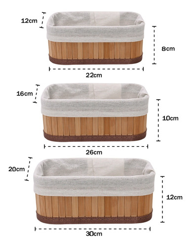 Kit 3 Cestos Organizador De Bambu Multiuso Com Forro