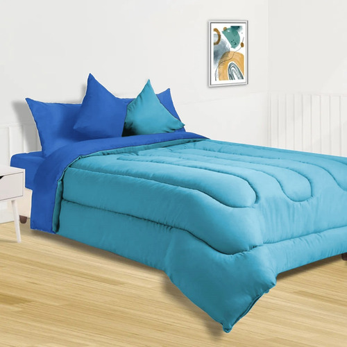 Acolchado De 2 1/2pl. Reversible Directo De Fabrica Color Azul/Turquesa