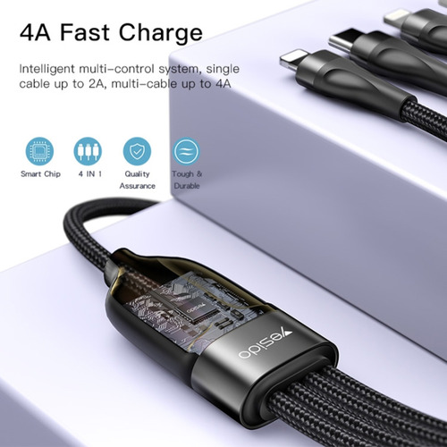 Cable De Carga Usb 4 En 1 Negro Yesido Ca111 De 1,2 M