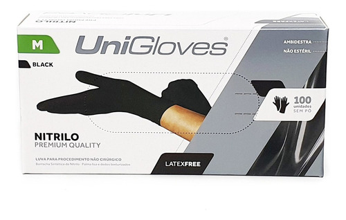 Luvas descartáveis antiderrapantes UniGloves Nitrilica cor preto tamanho  M de nitrilo x 100 unidades 