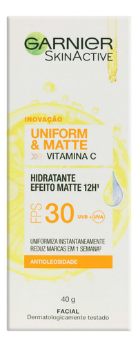  Hidratante Antioleosidade Facial FPS 30 Garnier SkinActive Uniform & Matte Bisnaga 40g