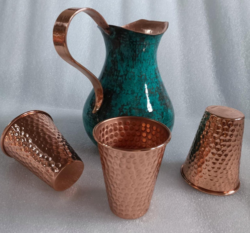 Jarra Verde Con 3 Vasos (set 4 Piezas) 100% Cobre De Lujo. Verde