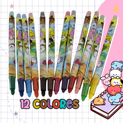 Imagen 5 de 10 de Set 12 Crayolas Giratorias Kawaii Colores Bts Bt21 C173-485