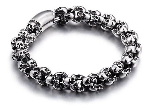 Pulsera Calavera De Acero Brilloso Biker Gótico Craneo Skull