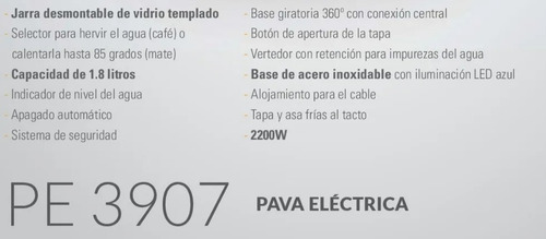 Pava Jarra Yelmo Pe-3907 Desmontable Vidrio Templado 1,8l Pp Color Transparente