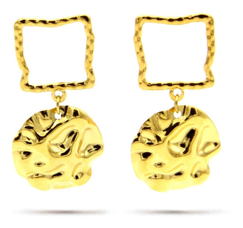 Aretes Acero Dorado Contorno Cuadrado Martillado Circulo