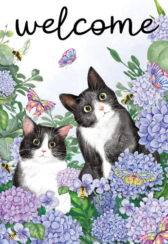 Casa De Hortensias Bandera Texupday Welcome Cute Cat Kitten,