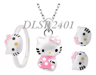 Collar Hello Kitty + Anillo + Aretes Plata Esterlina Kawaii