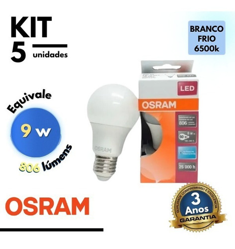 Imagem 2 de 5 de Kit 5 Lâmpadas Led Bulbo 8w Osram E27 Inmetro Equivale A 9w
