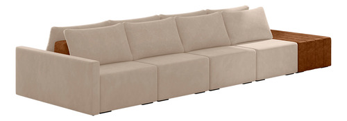 Sofá Ilha Modular Para Sala 392cm com Puff Dublin K01 Veludo Bege Sintético Caramelo