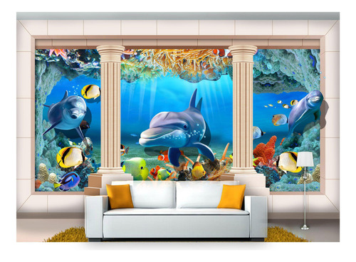 Papel De Parede Fundo Do Mar Golfinhos 3d 7,50m² Fm90