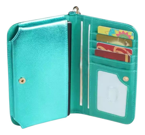 Billetera Cartera Sirenita Porta Celular Con Monedero Azul Petróleo Sintético