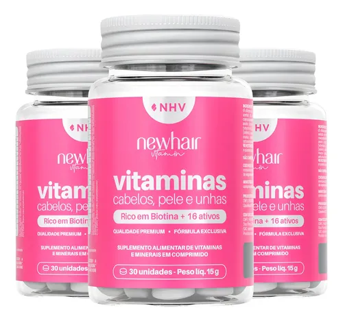 Kit 3x Vitamina Cabelos E Unhas New Hair + Biotina Sem Sabor