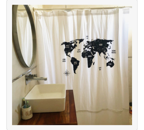 Cortina De Baño De Tussor Fondo Blanco Con Mapamundi Blanco Mapa Mundi