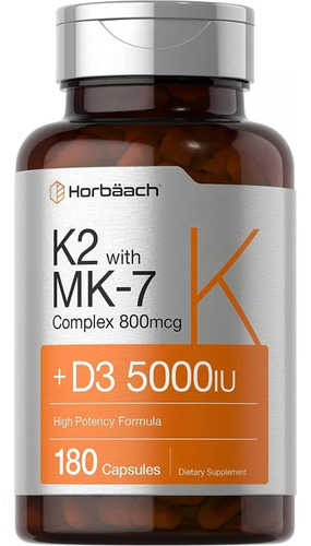  K2 Con Mk-7 800 Mcg Horbaach 180 Cápsulas +d3 Alta Potencia