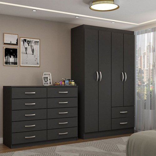 Guarda-roupa Mila 4 Portas Com Cômoda Preto