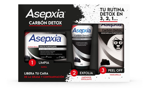 Asepxia Jabón Barra Carbón+ Exfoliante+ Mascarilla Peel Off