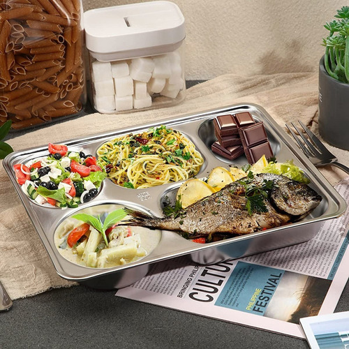 Acero Inoxidable Rectángulo 5 Compartimentos Lunch Plato 2pz