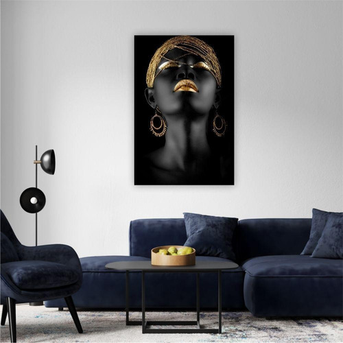 Quadro Canvas 90x60cm Mulher Negra Turbante Dourado Canvas