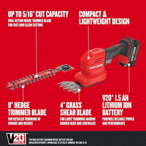 Cortasetos Inalambrico Craftsman, 20v, Incl Bateria Y Carg. Rojo